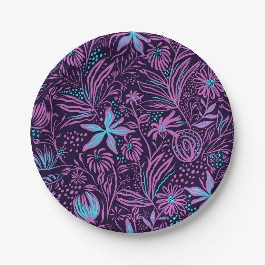 Modern Neon Purple Floral Pattern Papieren Bordje (Voorkant)