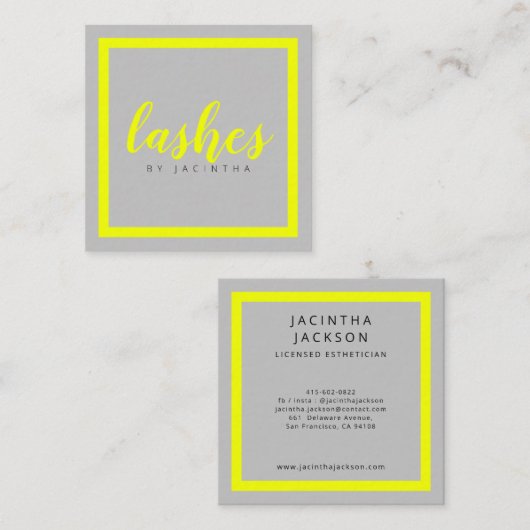 Modern Neon Yellow Beauty Lashes Aesthetician Squa Vierkante Visitekaartje (Voorkant / Achterkant)