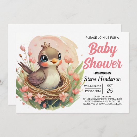 Modern Nest Whimsical Bird Baby shower Kaart (Voorkant / Achterkant)