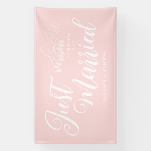 Modern net getrouwd bruiloft receptie roze auto spandoek (Verticaal)