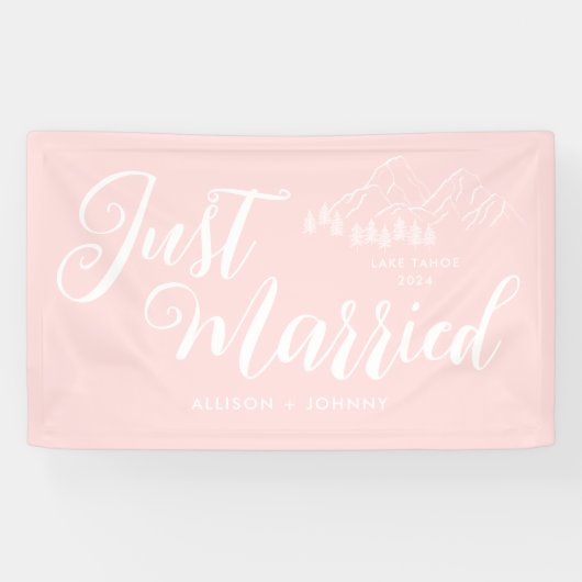 Modern net getrouwd bruiloft receptie roze auto spandoek (Horizontaal)