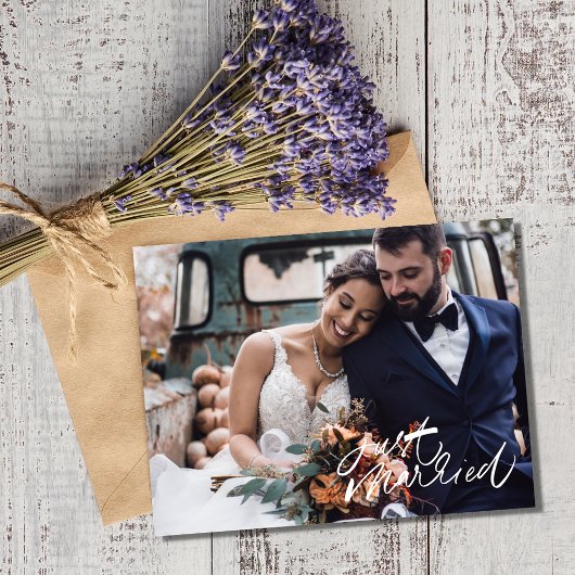 Modern net getrouwd foto bruiloft dank u briefkaart