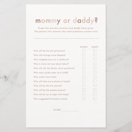 Modern neutraal Baby shower mama of papa spel (Voorkant)