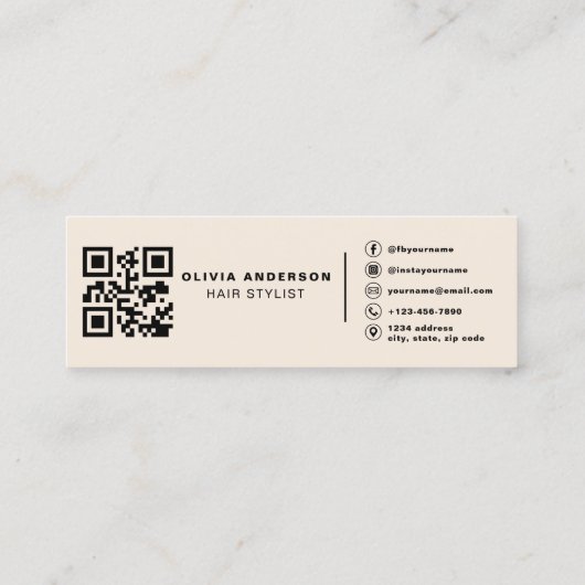 Modern Neutral Beige QR Code Hair Stylist Mini Visitekaartje (Achterkant)