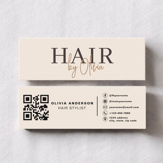 Modern Neutral Beige QR Code Hair Stylist Mini Visitekaartje
