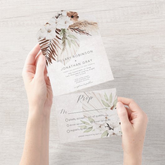 Modern Neutral Boho Floral Dinner All In One Uitnodiging (Afscheurbaar)