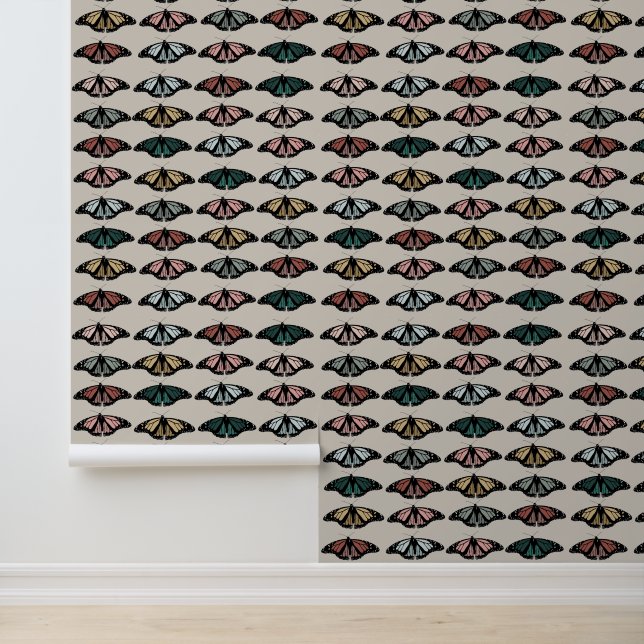 Modern Neutral Butterflies Garden Boho Pattern Behang (Applicatie)