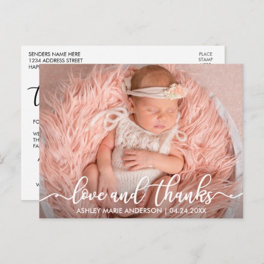 Modern New Baby Love en Bedankt Photo Wit Aankondigingskaart (Voorkant / Achterkant)
