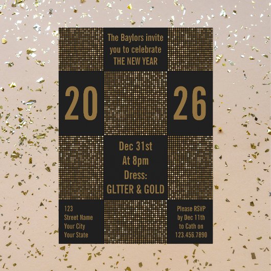 Modern New Year Black & Gold Glitter Holiday Party Kaart