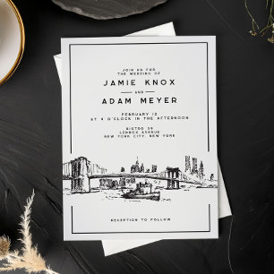 Modern New York City Brooklyn Sketch Wedding Kaart