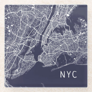 Modern New York City Map   NYC   Blauw en wit Glazen Onderzetter