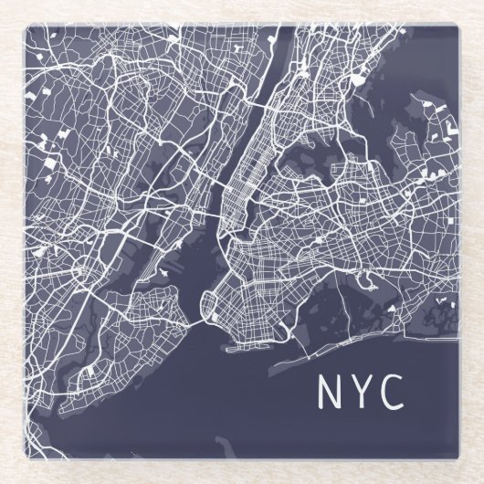 Modern New York City Map | NYC | Blauw en wit Glazen Onderzetter (Voorkant)
