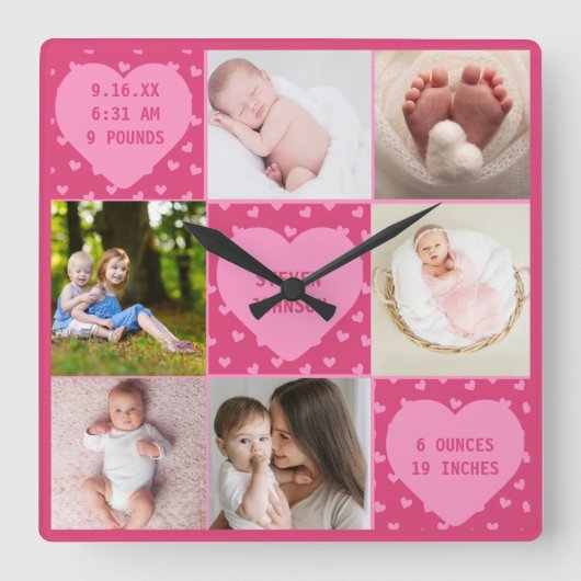 Modern Newborn Baby Personalized 6 Photo Collage Vierkante Klok (Voorkant)