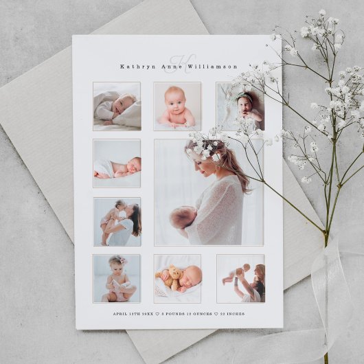 Modern Newborn Foto Collage & Monogram Birth Magnetische Uitnodiging