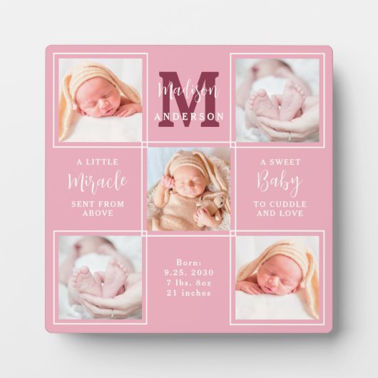 Modern Newborn Personalized 5 Photo Collage Pink Fotoplaat (Voorkant)