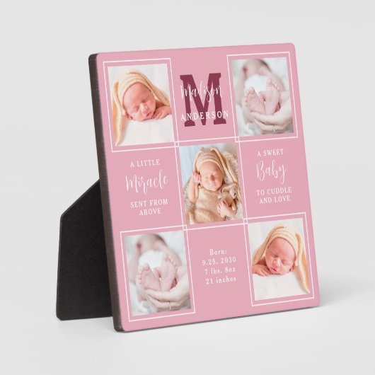 Modern Newborn Personalized 5 Photo Collage Pink Fotoplaat (Voorkant)