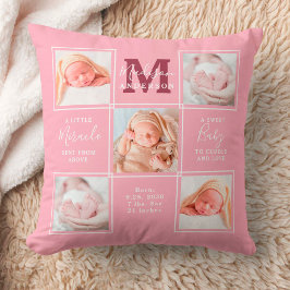 Modern Newborn Personalized 5 Photo Collage Pink Kussen