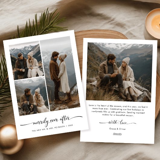 Modern Newlywed Merrily Ever After Christmas Photo Feestdagenkaart