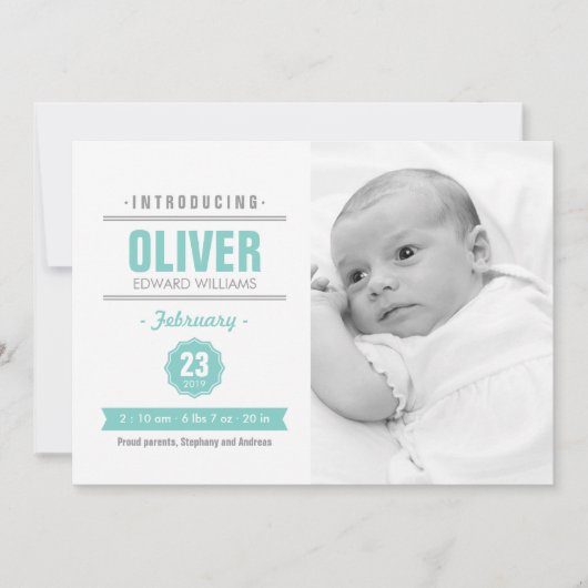 Modern News Mint Baby Birth Foto Aankondiging (Voorkant)