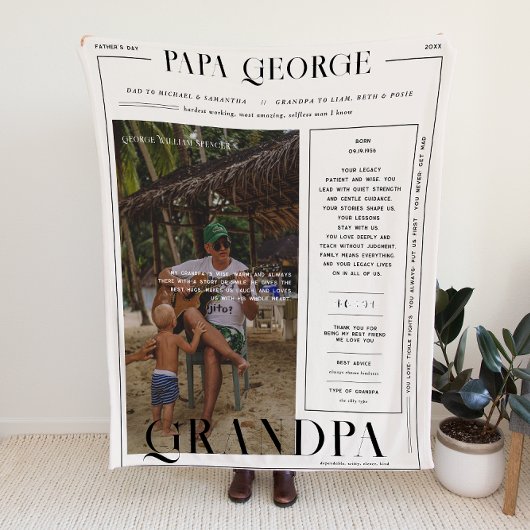 Modern Newspaper-Style Father’s Day Photo Blanket Fleece Deken