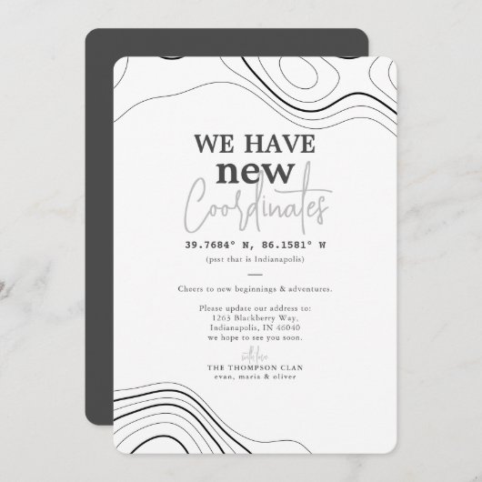 Modern nieuwe coördinaten grijs bewegen aankondiging (Voorkant / Achterkant)