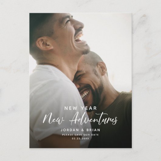 Modern nieuwjaar Verloving | Adventures Script Fun Aankondigingskaart (Voorkant)