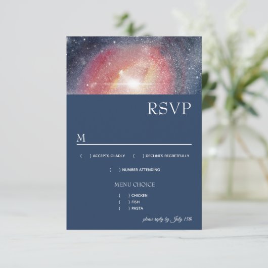 Modern Night Sky Galaxy Blue Paars Red Menu RSVP (Staand voorkant)