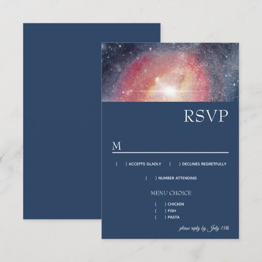 Modern Night Sky Galaxy Blue Paars Red Menu RSVP (Voorkant / Achterkant)