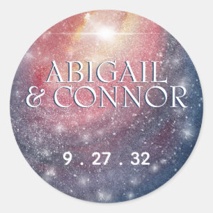 Modern Night Sky Galaxy Blue Paars Red Names Ronde Sticker