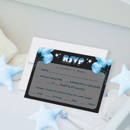 Modern Night Stars Baby shower Blue Balloons Zwart RSVP Kaartje
