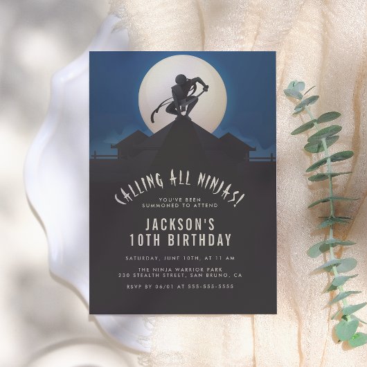 Modern Ninja on Roof Top Silhouette Birthday Party Kaart