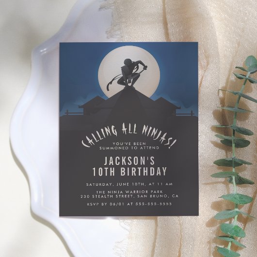 Modern Ninja op Roof Top Silhouette Birthday Party Uitnodiging Briefkaart