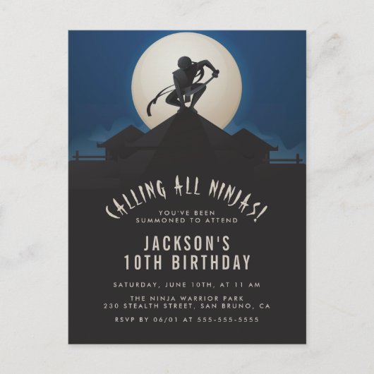 Modern Ninja op Roof Top Silhouette Birthday Party Uitnodiging Briefkaart (Voorkant)