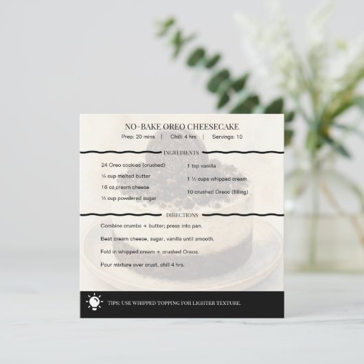 Modern No-Bake Oreo Cheesecake Recipe Card (Staand voorkant)