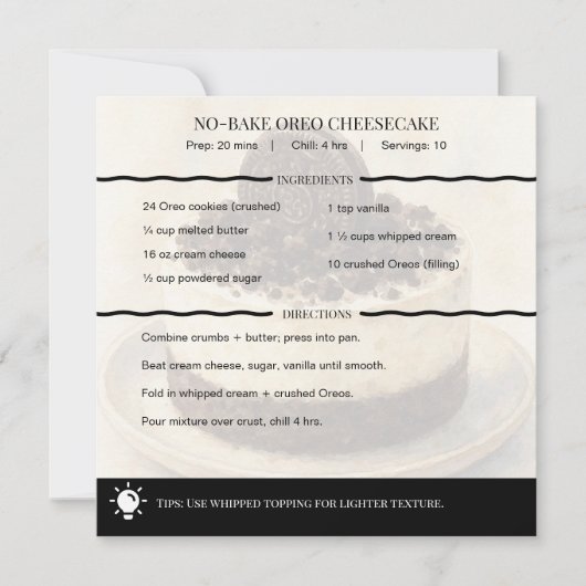 Modern No-Bake Oreo Cheesecake Recipe Card (Voorkant)