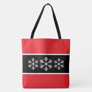 Modern Noords Helderrood Zwart Strepen Sneeuwvlokk Tote Bag