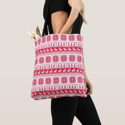 Modern Noords rood en wit patroon Tote Bag (Dichtbij)