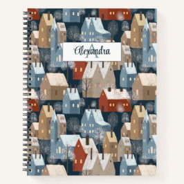 Modern Nordic Cozy Winter Town Pattern Monogram Notitieboek