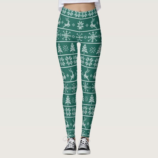 Modern Nordic Knit Ugly Sweater Green White Trendy Leggings (Voorkant)