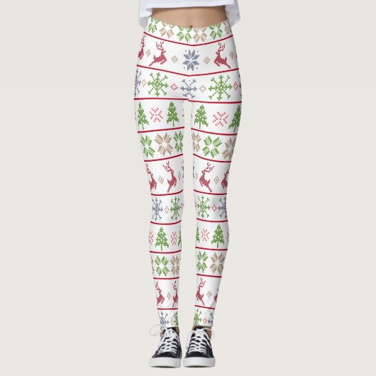 Modern Nordic Knit Ugly Sweater Red Green White Leggings (Voorkant)