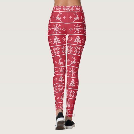 Modern Nordic Knit Ugly Sweater Red White Pattern Leggings (Achterkant)