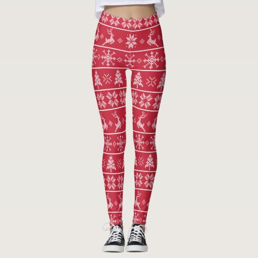 Modern Nordic Knit Ugly Sweater Red White Pattern Leggings (Voorkant)