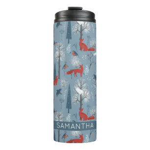 Modern Nordic Snowy Forest Foxes Birds Pattern Thermosbeker