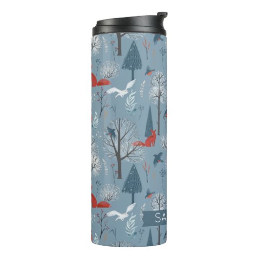 Modern Nordic Snowy Forest Foxes Birds Pattern Thermosbeker (Gedraaid links)