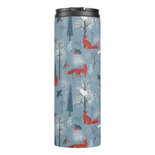 Modern Nordic Snowy Forest Foxes Birds Pattern Thermosbeker (Achterkant)