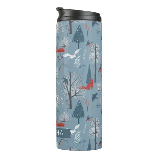 Modern Nordic Snowy Forest Foxes Birds Pattern Thermosbeker (Geroteerd rechts)