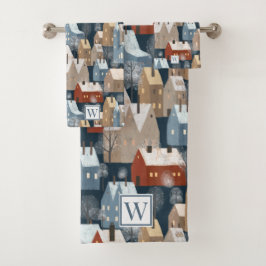 Modern Nordic Winter Town Whimsical Cozy Houses Ba Bad Handdoek