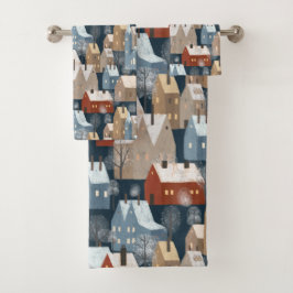 Modern Nordic Winter Town Whimsical Scandinavian Bad Handdoek