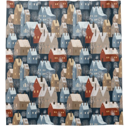 Modern Nordic Winter Town Whimsical Scandinavian Douchegordijn (Voorkant)