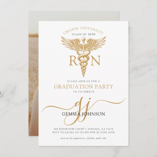Modern Nurse Graduation Party Gold Script Monogram Kaart (Voorkant / Achterkant)